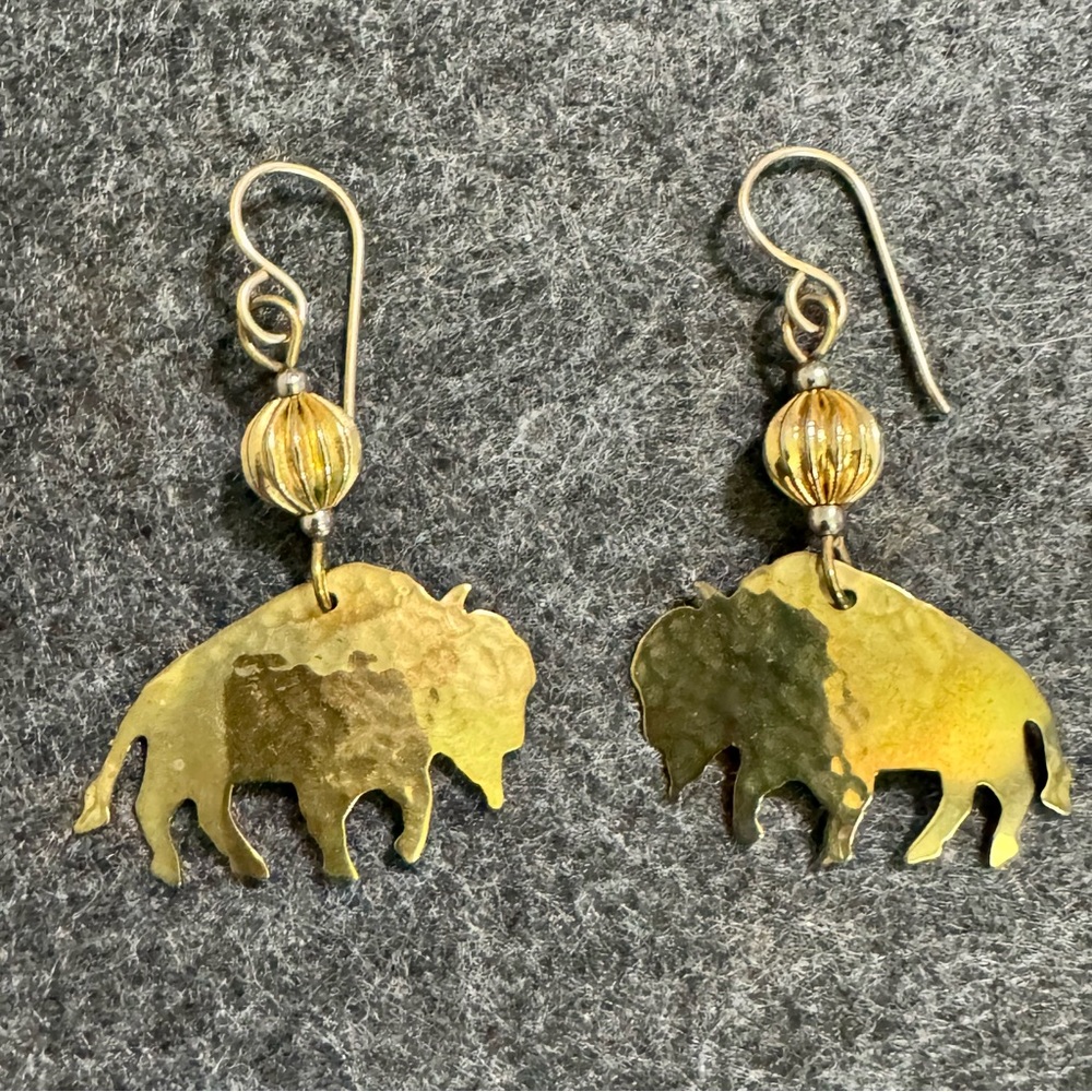 Gold Tone Buffalo Dangle Earrings